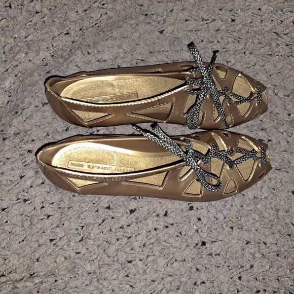 MARC BY MARC JACOBS-1980s Gold Jelly Wedge Shoes Sandals-Lace Up-Sz 40-Near Mint - Picture 7 of 8